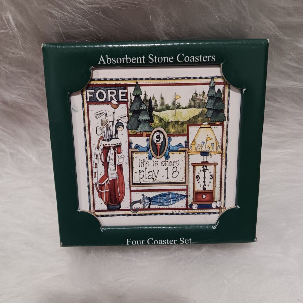 STONEWARE Golf Coasters Set Of 4 SAME Scenes LIFE IS SHORT PLAY 18 HOLES